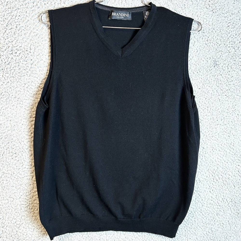 Brandini Made in Italy V Neck Merino Wool Sweater Vest Black Men's Medium